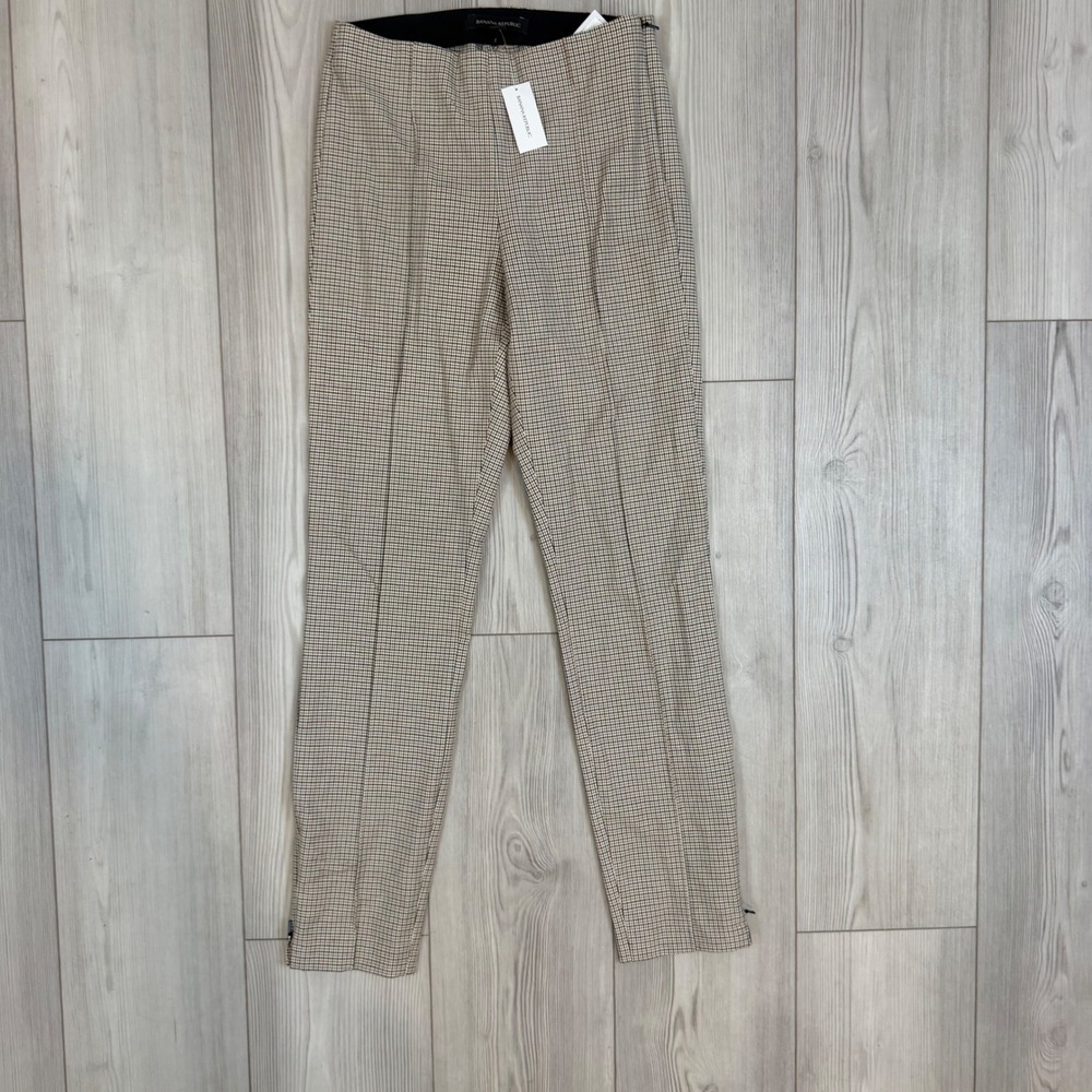 Banana Republic Sloan Skinny Ankle Pants Brown Houndstooth Plaid Side Zip 0 NEW
